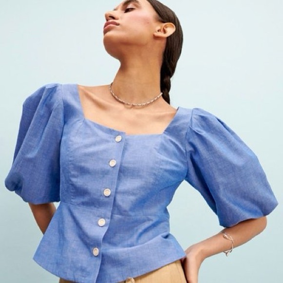 Sandro | Mayan Cropped Shirred Chambray Top - Picture 3 of 5